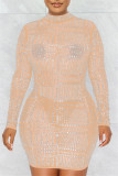 Абрикосовое модное сексуальное лоскутное горячее сверление прозрачное полуводолазка с длинным рукавом