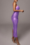 Фиолетовые сексуальные однотонные платья в стиле пэчворк со складками на тонких бретельках
