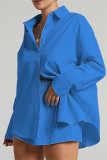 ブルーファッションカジュアルソリッドパッチワークターンダウンカラー長袖ツーピース