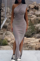 Grey Fashion Solid Slit One Shoulder Pencil Skirt Dresses