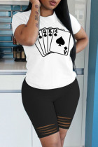 Черные модные повседневные принты в покер с рваными круглыми вырезами и короткими рукавами из двух частей