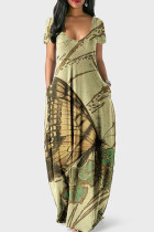 Абрикосовое модное платье с принтом в стиле пэчворк и V-образным вырезом с короткими рукавами