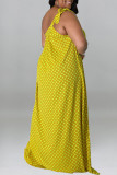 Vestidos de tamanho grande com estampa casual amarela de bolinhas patchwork gola oblíqua