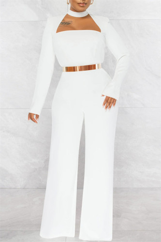 White Fashion Casual Solid Hollowed Out O Neck Regular Jumpsuits (Without Belt)