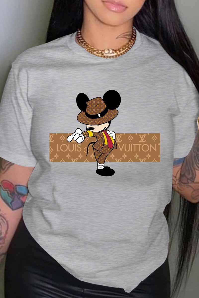 

Grey Fashion Casual Character Print Letter O Neck T-Shirts