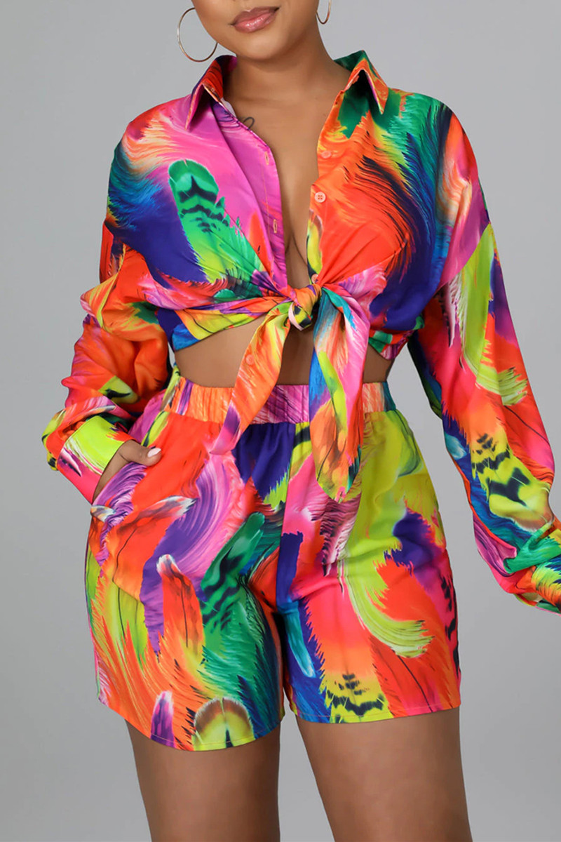 

Orange Fashion Casual Print Patchwork Turndown Collar Long Sleeve Two Pieces