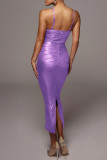 Фиолетовые сексуальные однотонные платья в стиле пэчворк со складками на тонких бретельках