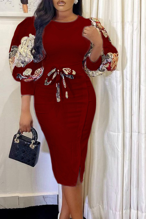 Бордовый модный принт в стиле пэчворк с круглым вырезом юбка-карандаш платья