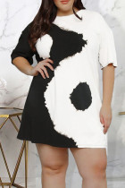 ブラックホワイトカジュアルプリントパッチワークOネックストレートプラスサイズのドレス