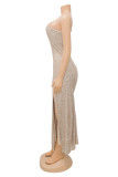 Абрикосовое модное сексуальное лоскутное платье с блестками и открытой спиной с разрезом и косым воротником без рукавов