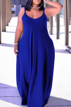 Blauwe sexy casual plus size effen rugloze lange jurk met spaghettibandjes