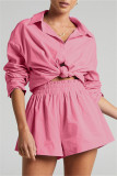 ピンクファッションカジュアルソリッドパッチワークターンダウンカラー長袖ツーピース
