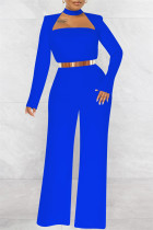 Blauw Modieus Casual Effen Uitgeholde O-hals Regular Jumpsuits (Zonder Riem)
