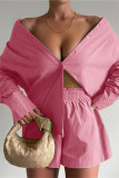 Colletto alla rovescia con colletto alla rovescia casual rosa moda casual in due pezzi