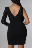 Черное модное сексуальное лоскутное горячее сверление выдолбленное асимметричное платье с V-образным вырезом с длинным рукавом