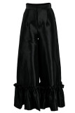 Pantalones de color sólido de pierna ancha de cintura alta recta con volantes de retazos informales de moda negro