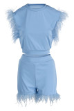 Небесно-голубой модный повседневный сплошной пэчворк с перьями и круглым вырезом без рукавов из двух частей