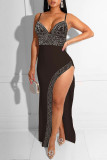 Black Fashion Sexy Patchwork Hot Drilling Backless Slit V-hals Sling Dress