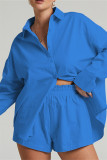ブルーファッションカジュアルソリッドパッチワークターンダウンカラー長袖ツーピース