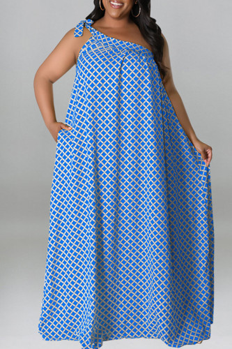 Blue Casual Print Polka Dot Bandage Patchwork Oblique Collar A Line Plus Size Dresses