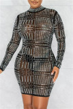 Abricot Fashion Sexy Patchwork Hot Drilling See-through Half A Turtleneck Robes à manches longues