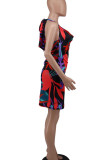 Red Sexy Print Bandage Patchwork Backless Halter A Line Dresses