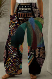 Calças retas com estampa de patchwork roxo estampada casual cintura alta