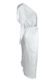 Weiße Mode Sexy Solide Rückenfrei Asymmetrisch Eine Schulter Ärmellos Zweiteiler