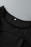 Черные сексуальные повседневные однотонные платья с круглым вырезом и длинными рукавами больших размеров