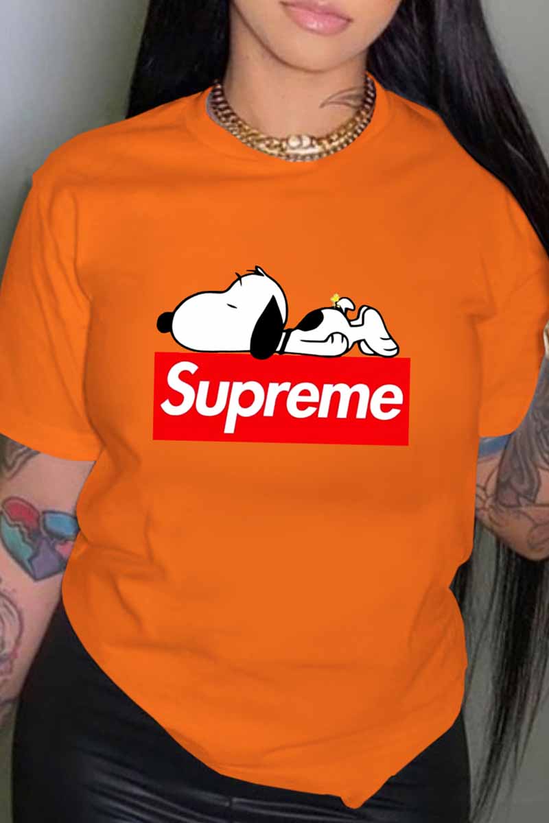 

Orange Fashion Casual Character Print Letter O Neck T-Shirts