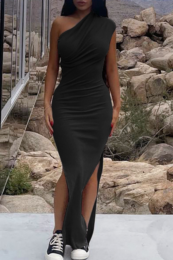 ブラックファッションソリッドスリットワンショルダーペンシルスカートドレス