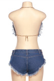 Blue Fashion Sexy Patchwork Chains Backless V-hals Mouwloos Two Pieces