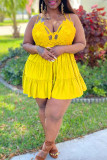 Vestido amarelo fashion sexy de renda sólida sem costas e decote em v vestidos sling plus size
