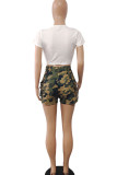 Dark Green Casual Print Camouflage Print Bandage Patchwork V Neck Short Sleeve Two Pieces