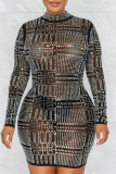 アプリコットファッションセクシーなパッチワークホットドリルシースルーハーフタートルネック長袖ドレス