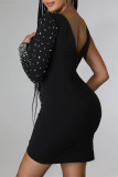 Schwarze Mode Sexy Patchwork Hot Drilling ausgehöhlte asymmetrische V-Ausschnitt Langarm-Kleider