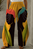 Calças retas com estampa de patchwork roxo estampada casual cintura alta
