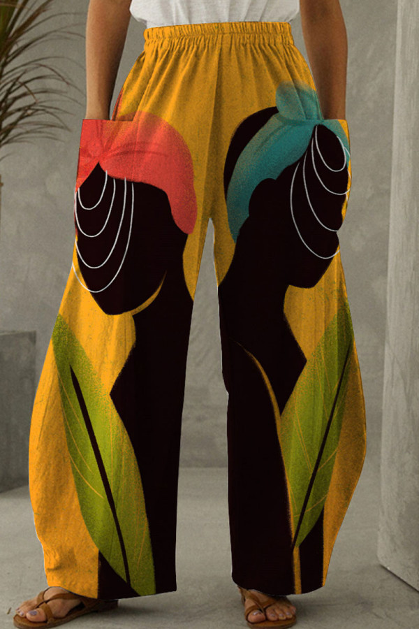 Gelbe, lässige Patchwork-Hose mit hoher Taille und geradem Positionierungsdruck