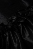 ブラックファッションカジュアルパッチワークフラウンスストレートハイウエストワイドレッグソリッドカラーボトムス