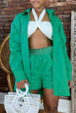 グリーンファッションカジュアルソリッドパッチワークターンダウンカラー長袖ツーピース