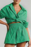 グリーンファッションカジュアルソリッドパッチワークターンダウンカラー長袖ツーピース