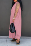 ピンクのカジュアルなソリッドパッチワークフード付きカラーストレートドレス