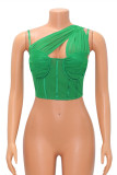 Groene mode sexy effen uitgeholde patchwork rugloze schuine kraag tops