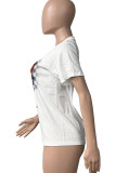 Weiße, modische, lässige Street-Print-Patchwork-T-Shirts mit O-Ausschnitt