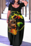 Svart Brun Mode Casual Plus Size Print Patchwork V-ringad kortärmad klänning