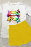 Yellow Casual Lips Printed Patchwork O Neck Short Sleeve Two Pieces