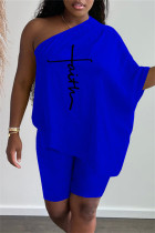 Королевский синий модный повседневный принт с открытой спиной и косым воротником с коротким рукавом из двух частей