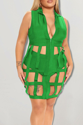Green Sexy Solid Hollowed Out Patchwork Zipper Turndown Collar Plus Size Two Pieces