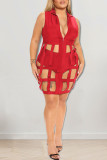Red Sexy Solid Hollowed Out Patchwork Zipper Turndown Collar Plus Size Two Pieces