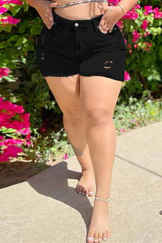 Black Fashion Casual Print Solid Ripped Patchwork Regular High Waist Conventional Patchwork Plus Size Denim Shorts